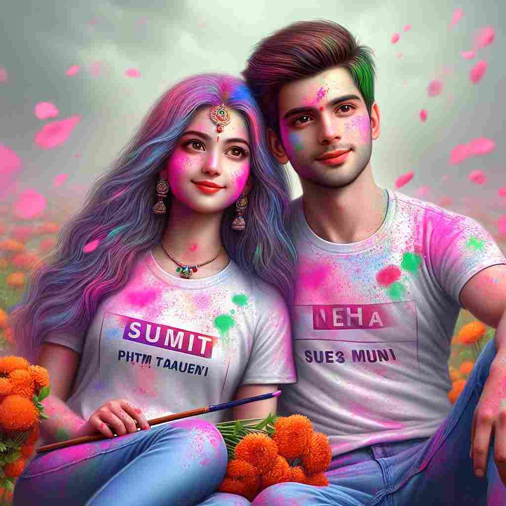 Holi Couple T-Shirt Name Ai Photo Edit